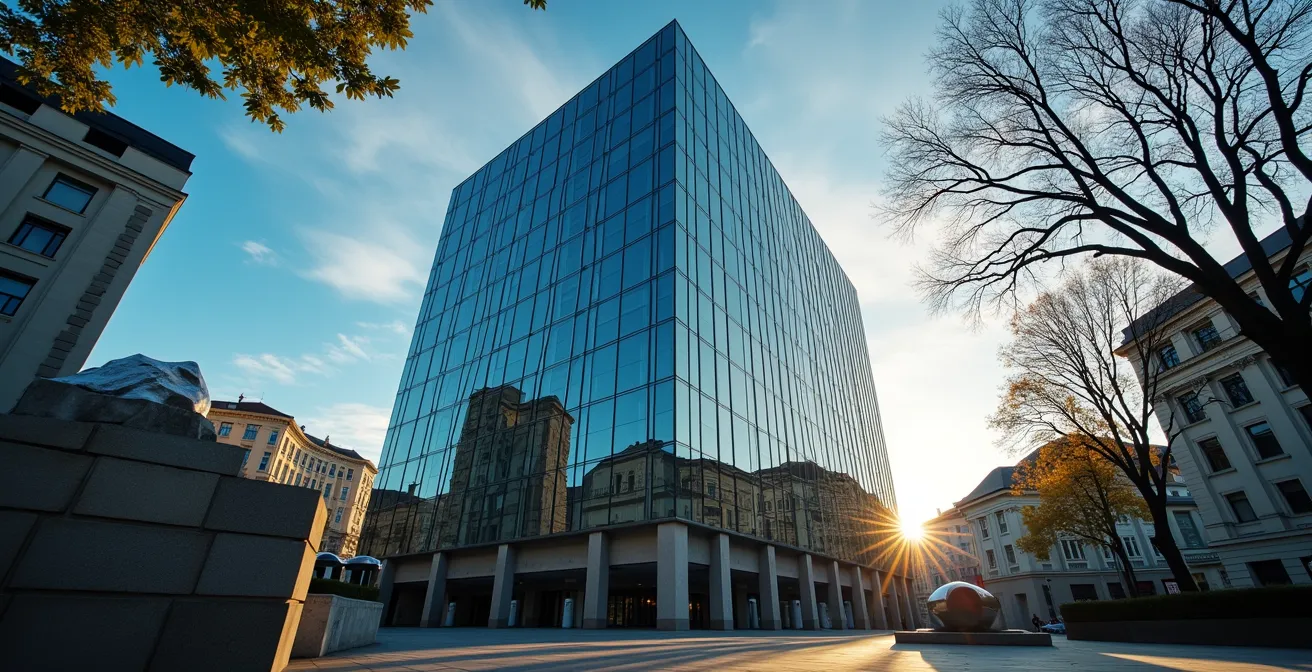 Schweizerische Nationalbank Gebäude mit Finanzcharts im Vordergrund