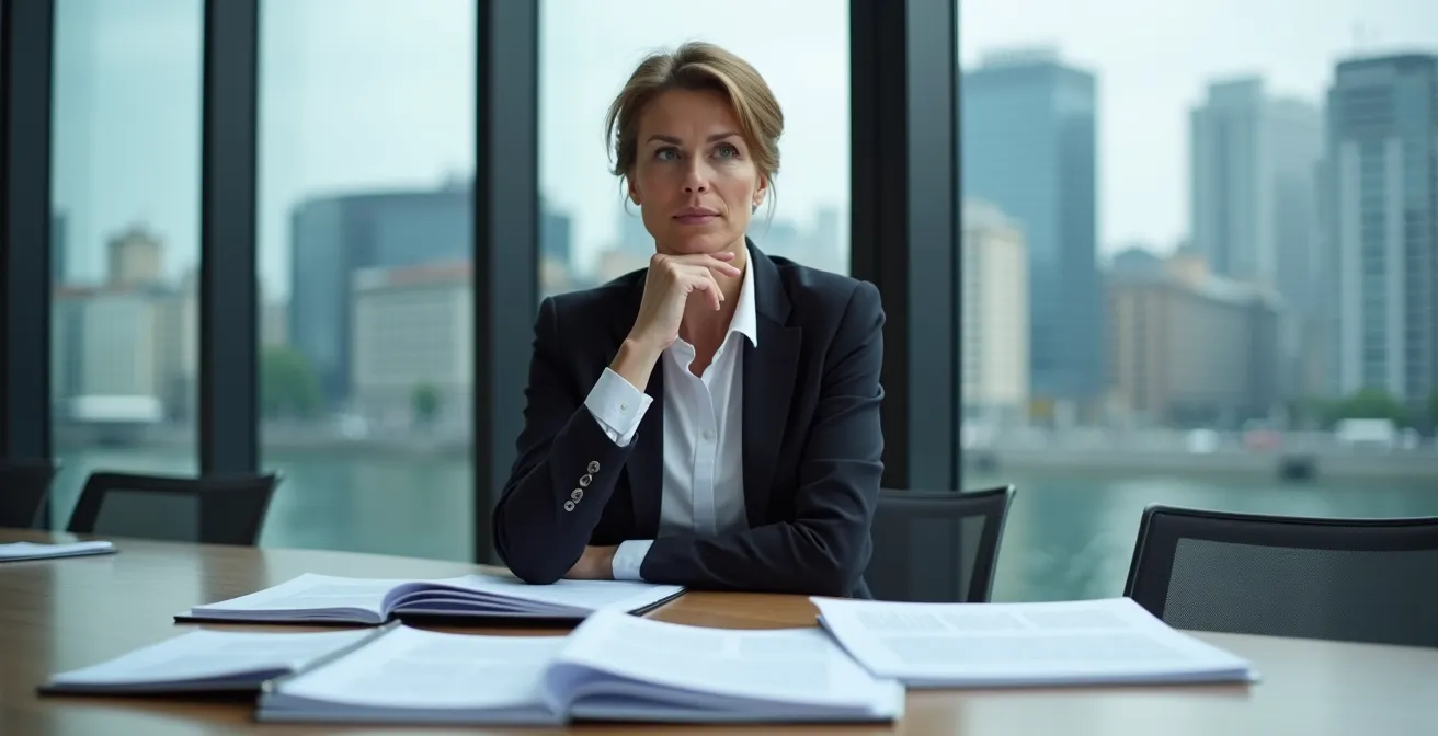 Professioneller Vergleich verschiedener Vermögensverwaltungsangebote durch eine nachdenkliche Person am Konferenztisch.