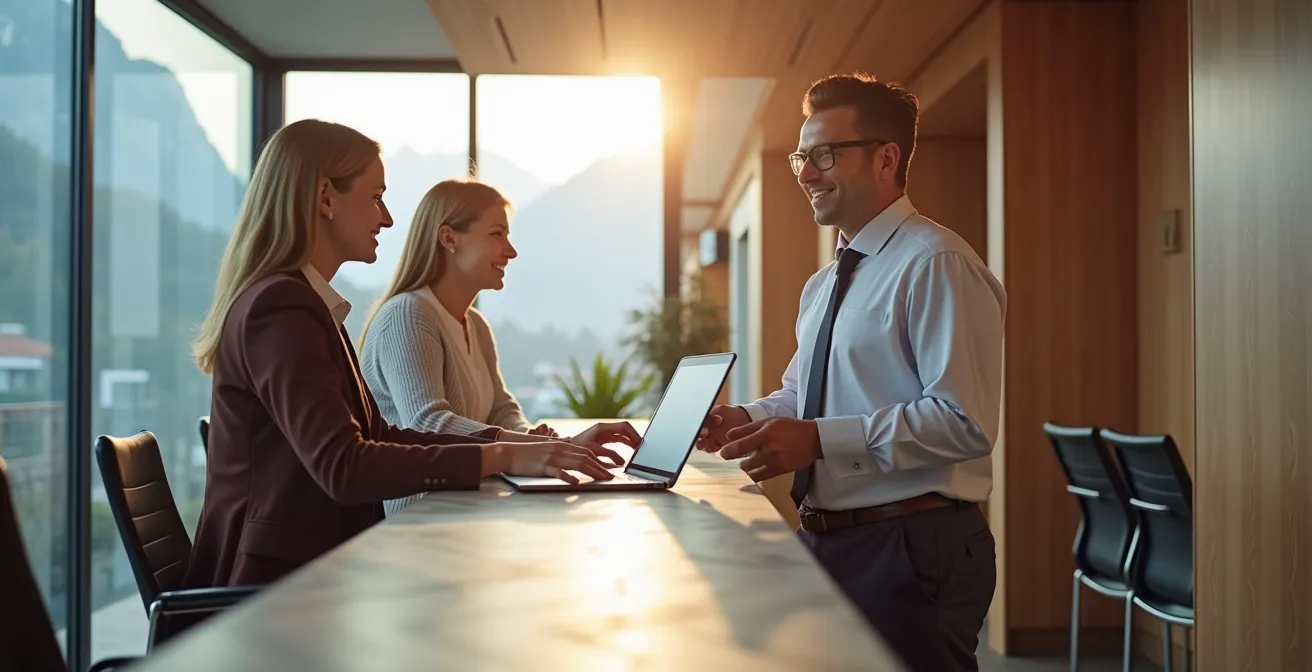 Moderner Gemeindeschalter in der Schweiz mit digitalen Zahlungsoptionen und Bergen im Hintergrund