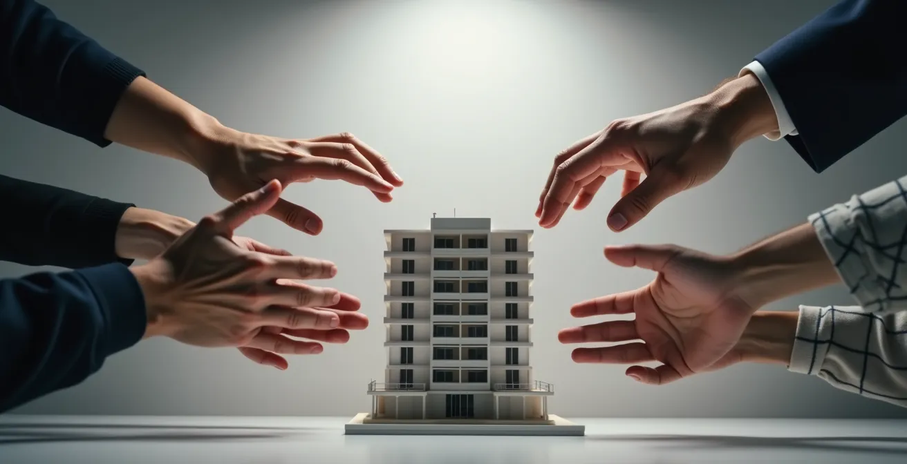 Symbolische Darstellung einer blockierten Entscheidung in einer Eigentümergemeinschaft