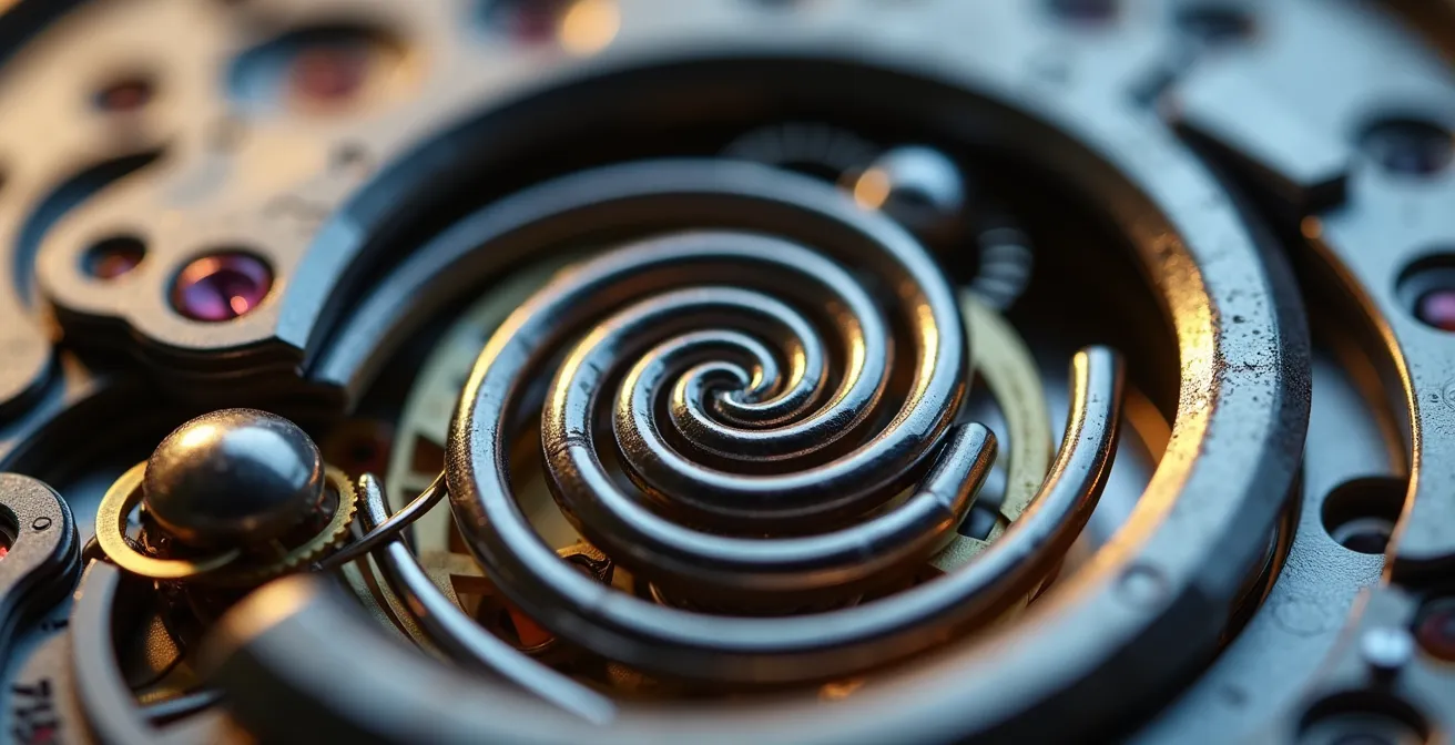 Makroaufnahme einer Uhrenfeder als Metapher für die Deflationsspirale in der Schweizer Wirtschaft