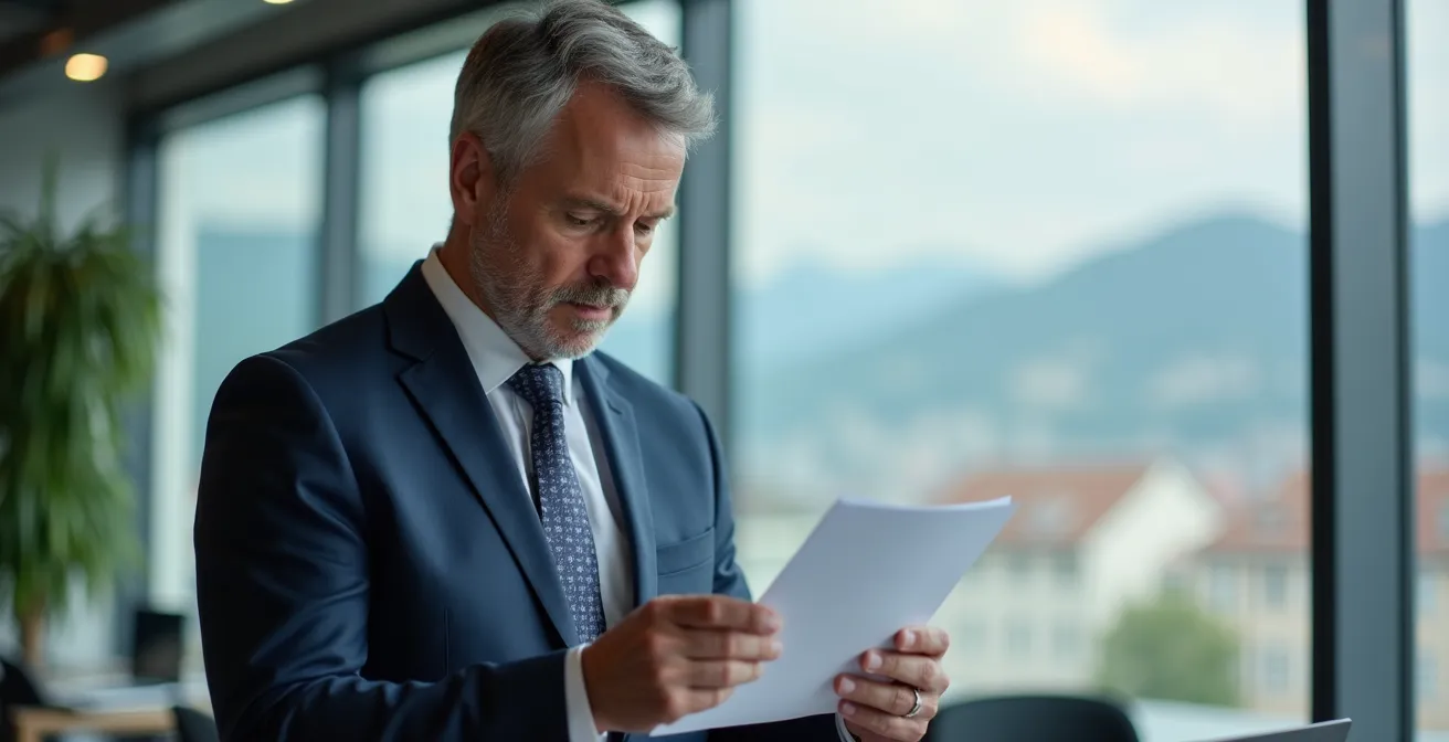 Schweizer Geschäftsmann prüft konzentriert FINMA-Register auf unsichtbarem Bildschirm