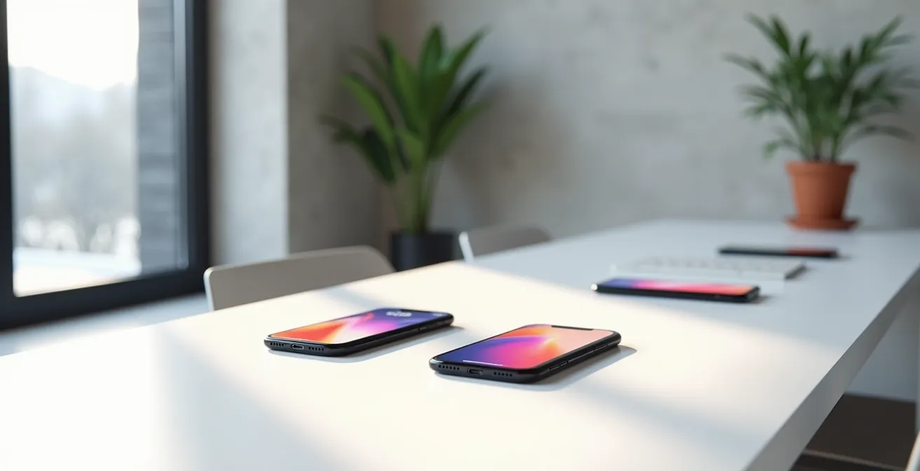 Moderne Fintech-Apps für die Säule 3a Verwaltung auf Smartphones in einem minimalistischen Schweizer Arbeitsumfeld.