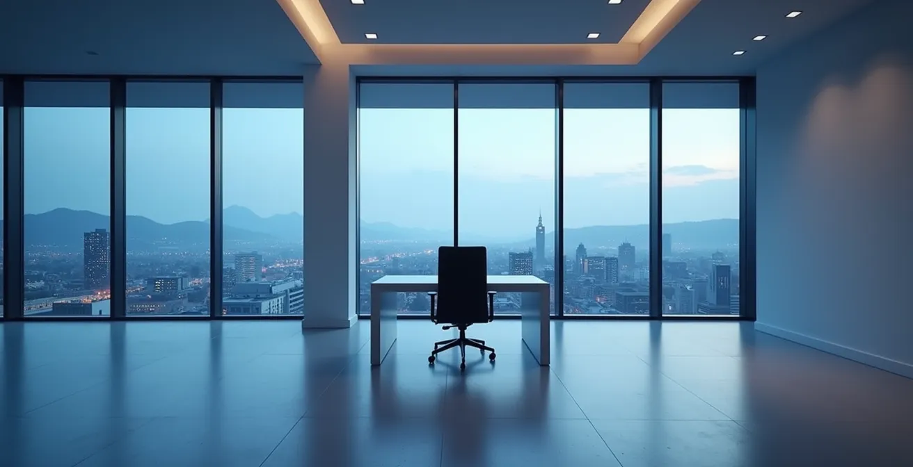 Ein leeres, modernes Büro in Zürich bei Dämmerung, das die Lücke zwischen nominalem Lohn und realer Kaufkraft nach Steuerprogression symbolisiert.