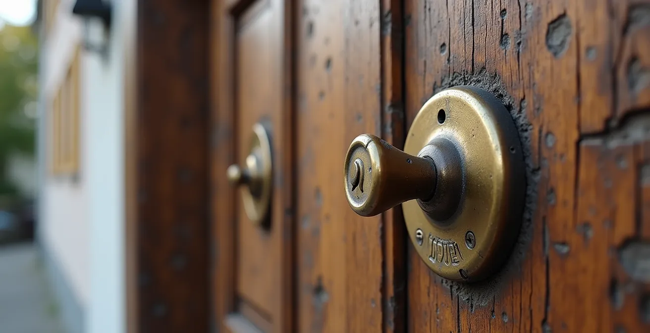 Makroaufnahme eines verwitterten Türrahmens eines Schweizer Wohnhauses, der die Alterung und den Wertverlust ohne Instandhaltung symbolisiert.