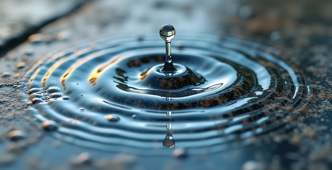 Makroaufnahme von Wassertropfen, die auf eine Steinoberfläche fallen und Wellen erzeugen, als Metapher für gestaffelte Nachkäufe