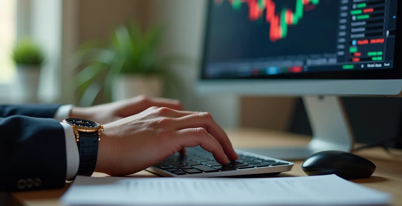 Händlerhände tippen auf unsichtbarer Tastatur mit verschwommenem Bildschirm