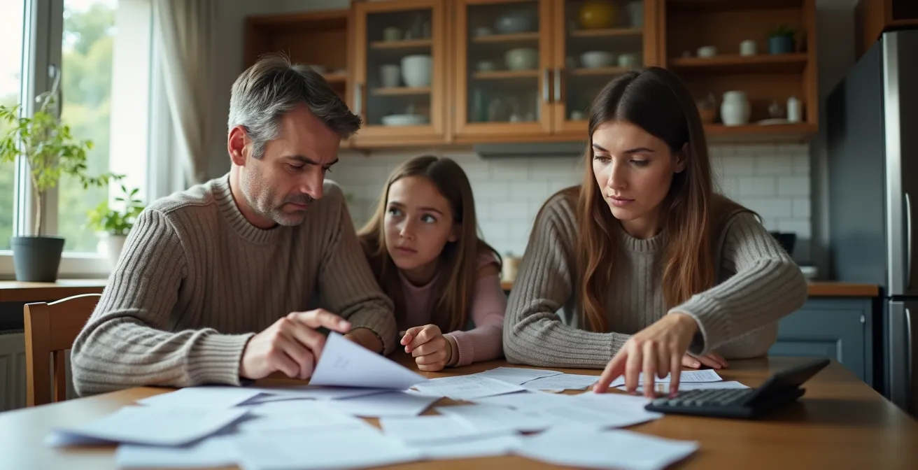 Eine Schweizer Familie am Küchentisch, die besorgt ihre Haushaltsrechnungen prüft und die persönliche im Vergleich zur offiziellen Inflationsrate vergleicht.