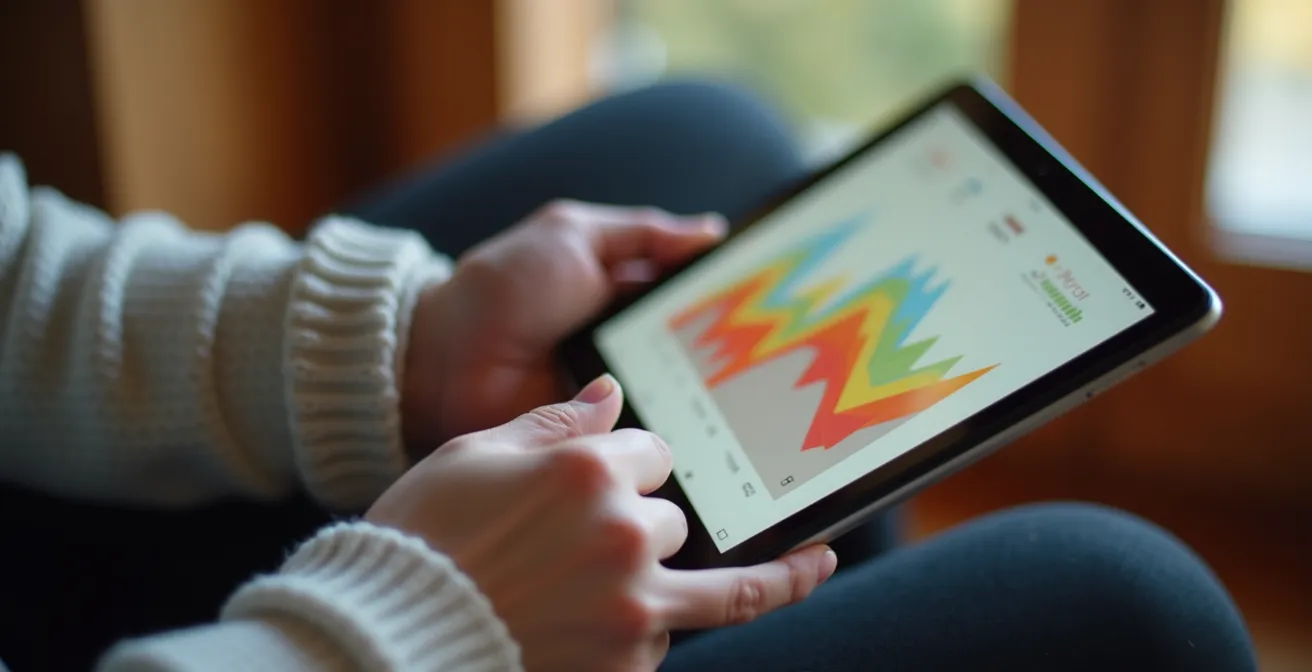 Nahaufnahme von Händen die Anlagestrategien auf Tablet analysieren