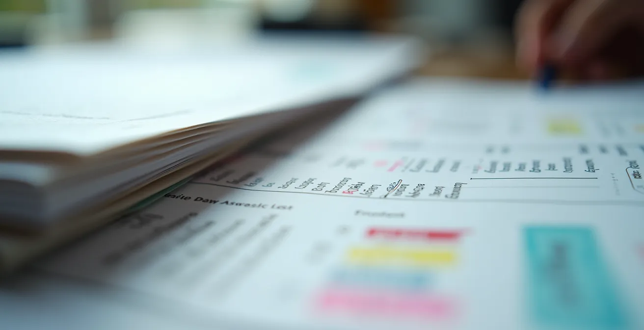 Makroaufnahme von Dokumenten einer Eigentümerversammlung mit hervorgehobenen Textpassagen