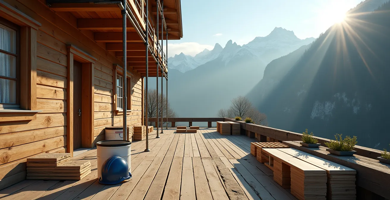 Weitwinkelaufnahme eines Schweizer Chalets in Renovierung mit Baugerüst und Bergpanorama