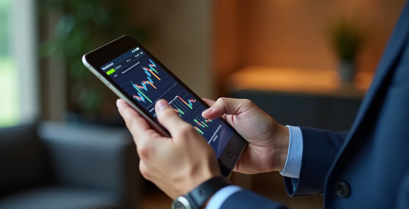 Nahaufnahme eines Geschäftsmanns mit Tablet zeigt eine abstrakte Anlageplattform ohne lesbare Texte