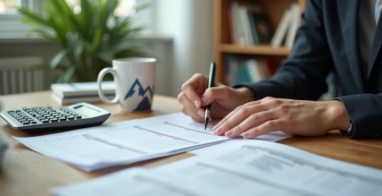 Arbeitsplatz mit Steuerunterlagen und Krypto-Portfolio-Übersicht