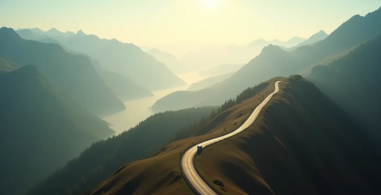 Symbolische Darstellung führender Wirtschaftsindikatoren als vorausfahrendes Auto auf einer Schweizer Passstrasse