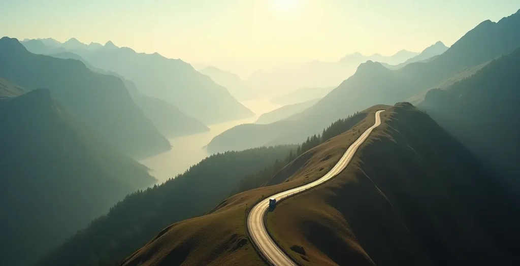 Symbolische Darstellung führender Wirtschaftsindikatoren als vorausfahrendes Auto auf einer Schweizer Passstrasse Symbolische Darstellung führender Wirtschaftsindikatoren als vorausfahrendes Auto auf einer Schweizer Passstrasse